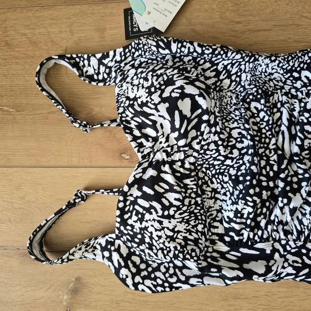 Swim Solutions Monochrome One Piece Swimsuit Women's Printed Ruched Front - Picture 3 of 9